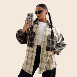 Princess Polly Cream & Brown Plaid Myley Shirt Size S/M